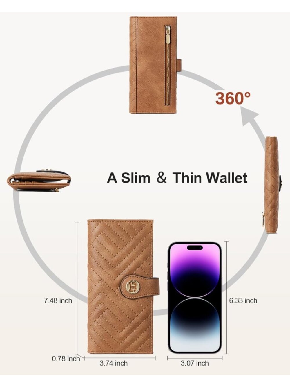 New Leather RFID Blocking Slim Wallet for Women - Bifold Zipper Pocket in Camel - Picture 4 of 6